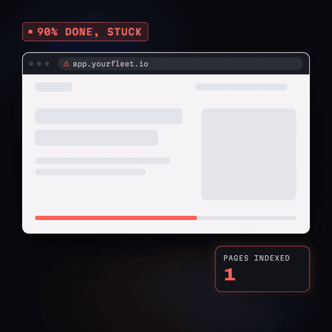 Animation: a grey, half-built React app hangs while loading and its developer is unreachable, then the finished app page appears with a live map and an open-dashboard button, and the number of pages Google can read climbs.