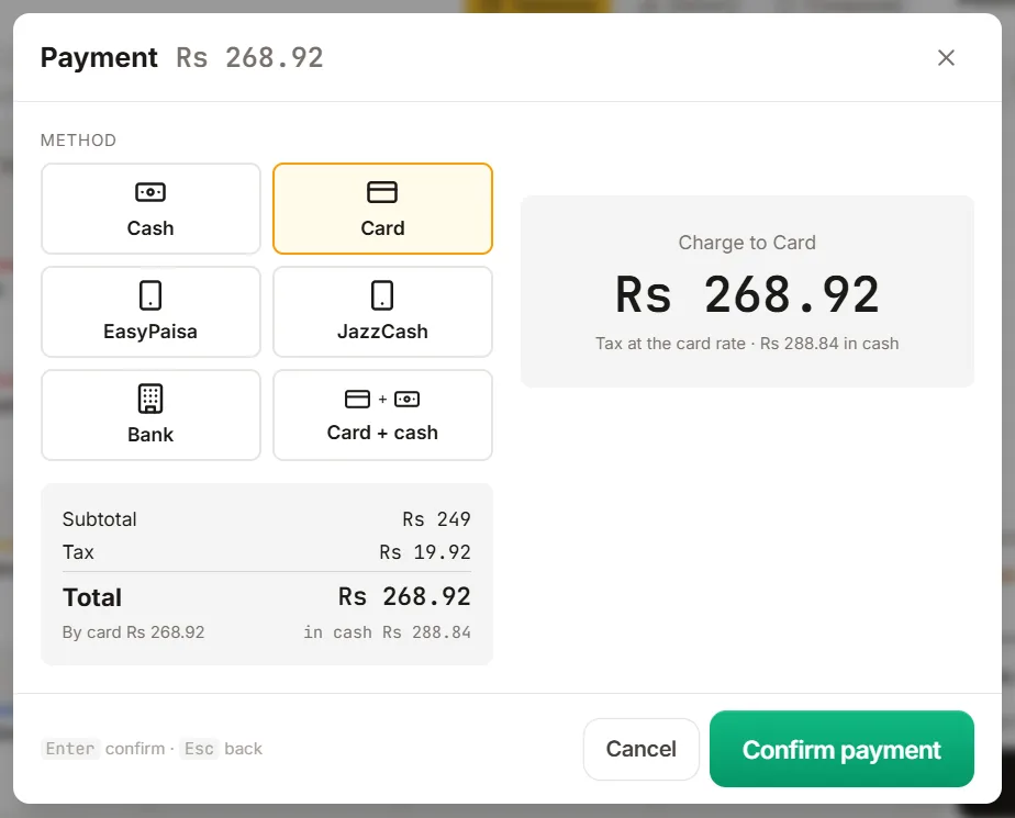 Payment dialog charging a bill to card at the card tax rate, showing the bill by card and in cash