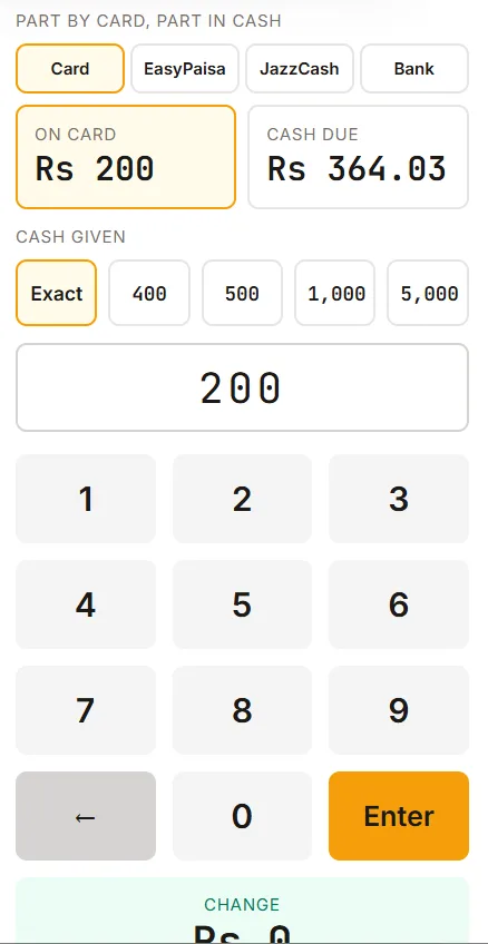 Card plus cash: Rs 200 on the card and the cash due worked out by the till