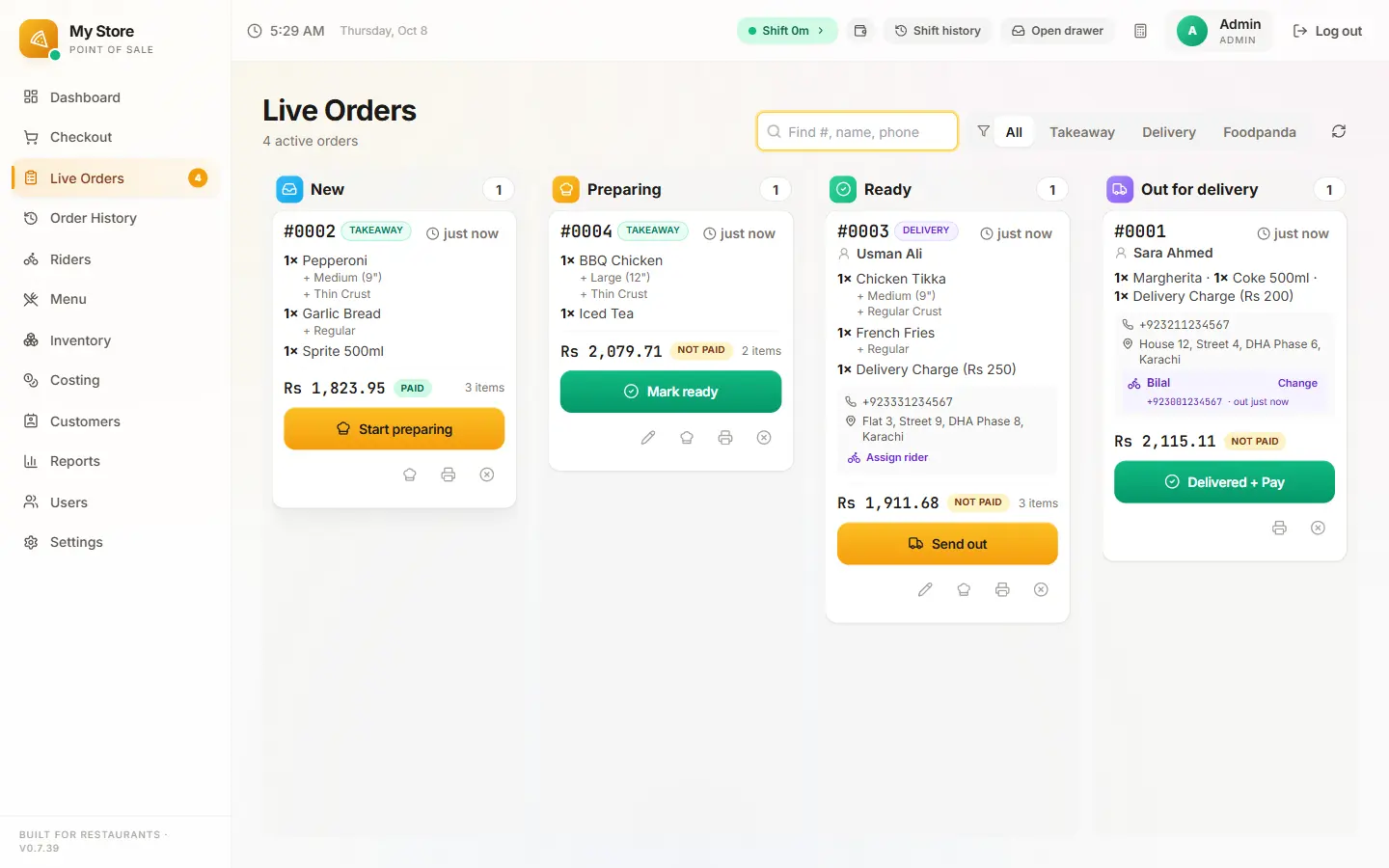Live Orders board with an order in each column: New, Preparing, Ready and Out for delivery