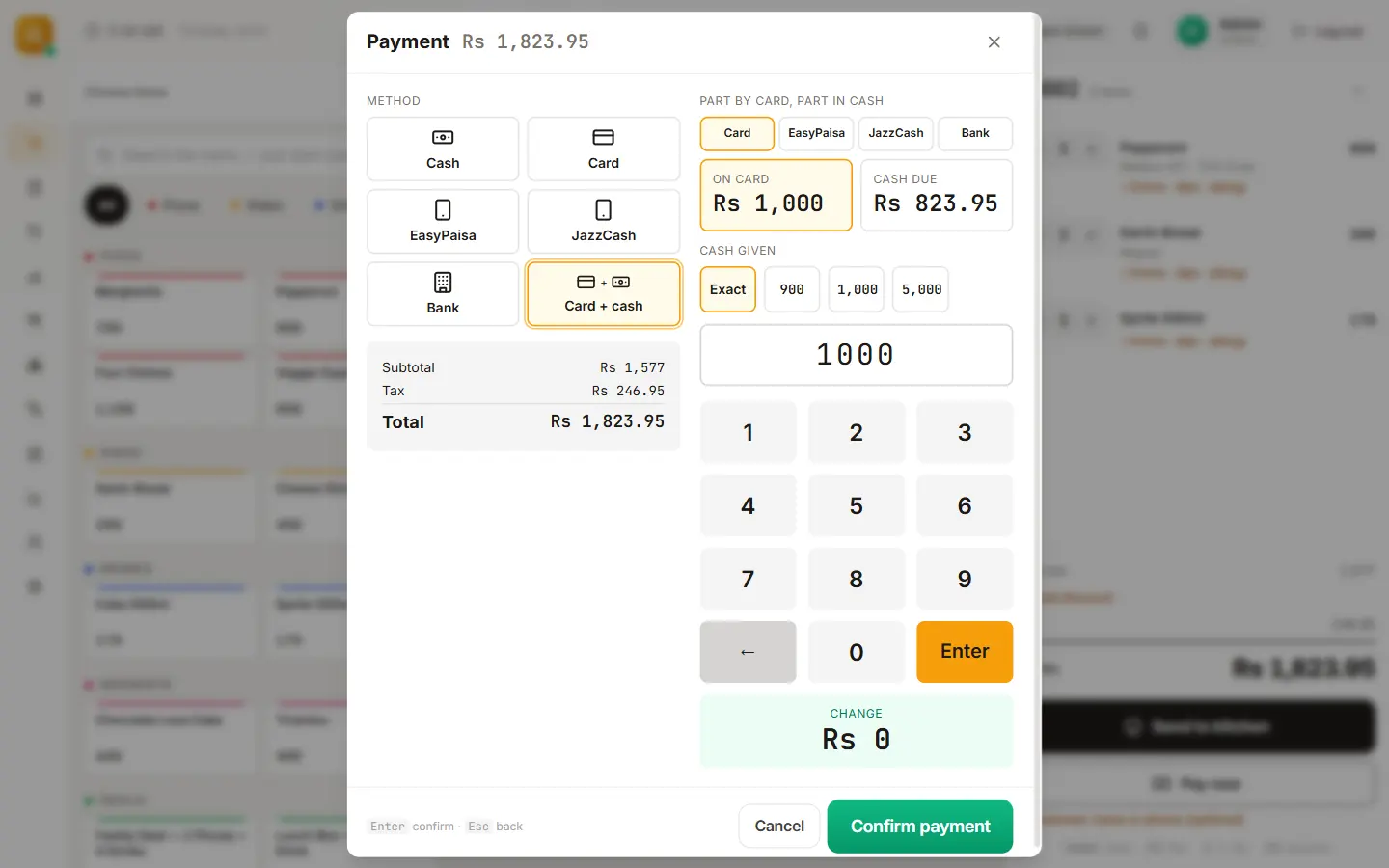 Payment screen with Card + cash chosen: Rs 1,000 on the card and the cash due worked out by the till