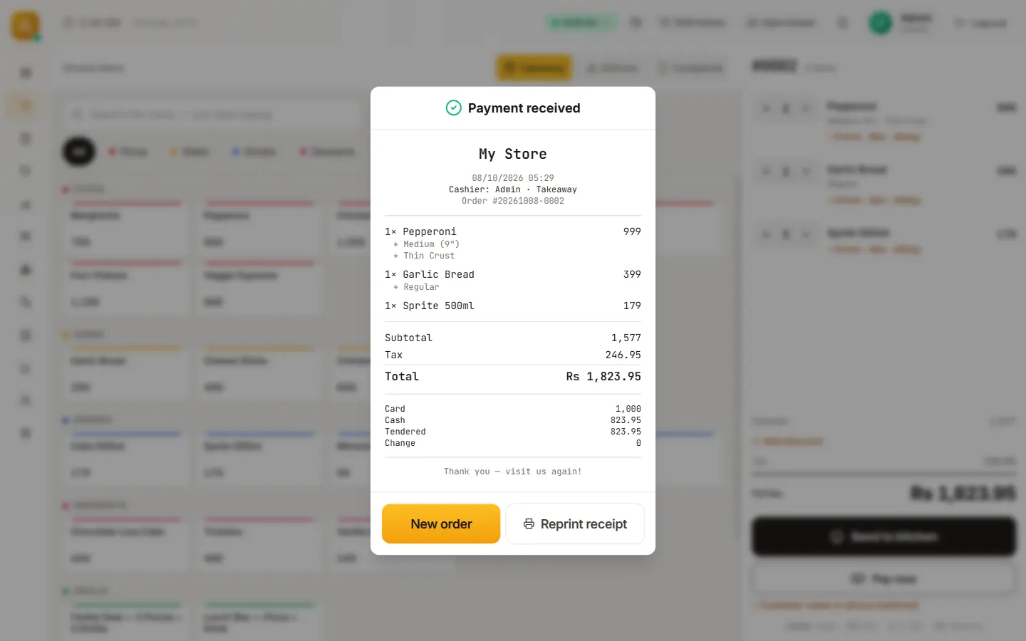 Payment received: the on-screen receipt with the card and cash parts, and Reprint receipt