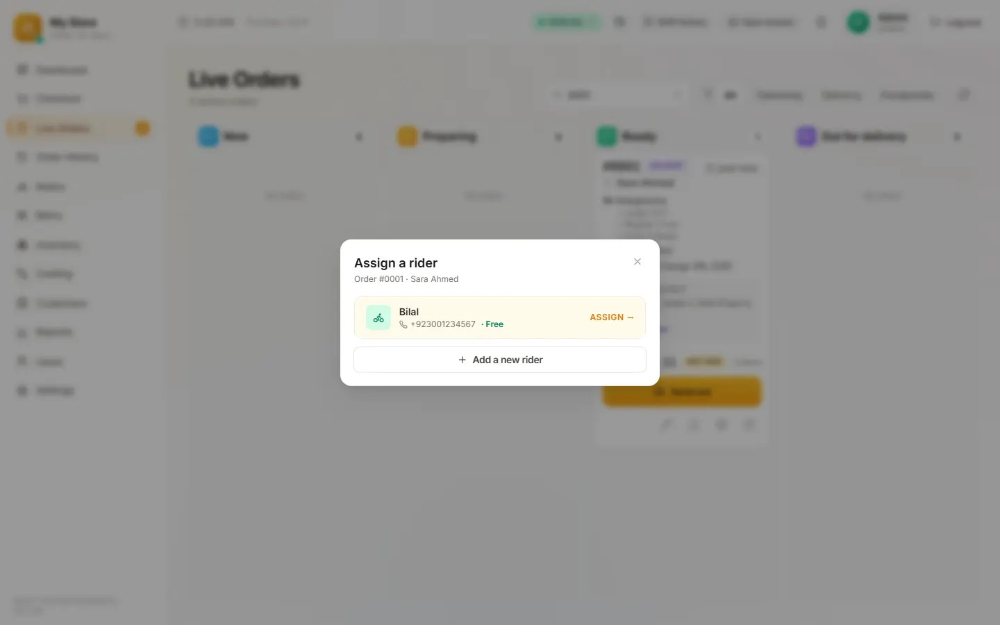 Assign a rider dialog for order 0001 with the rider Bilal ready to assign
