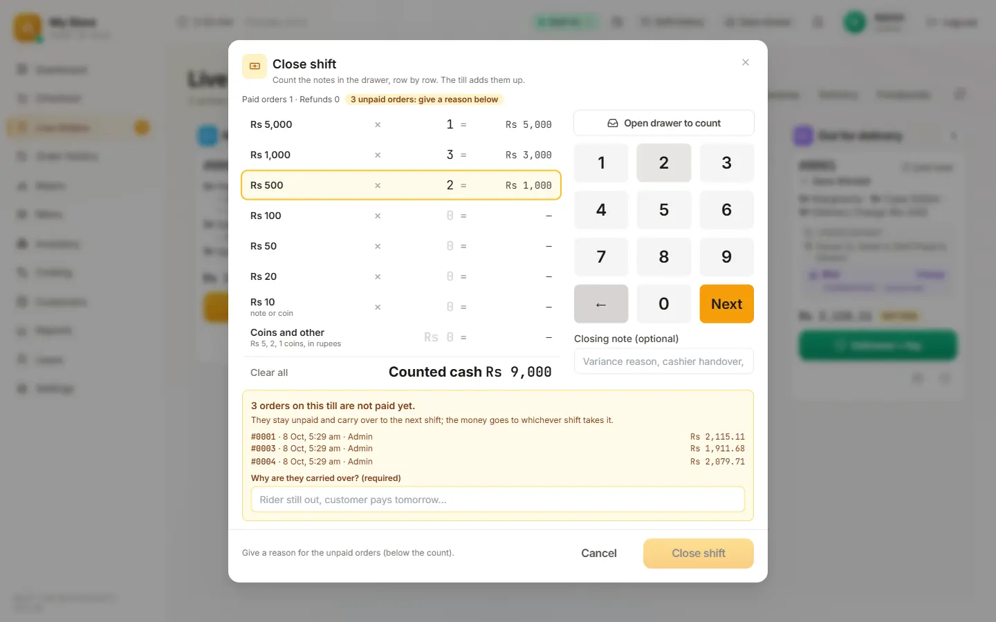 Close shift: notes counted row by row to a counted cash total, with a keypad and the unpaid orders listed