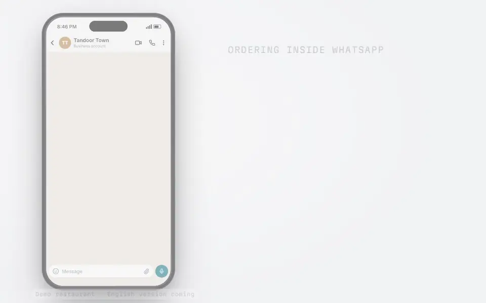Animation: a customer orders inside WhatsApp — menu list, size, quantity, delivery area, address, then a summary with the total and a Confirm order button