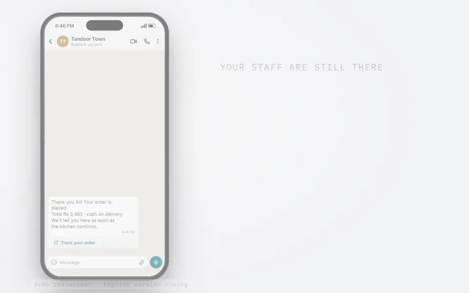 Animation: the customer types staff, the bot hands over, and a person from the restaurant replies in the same chat