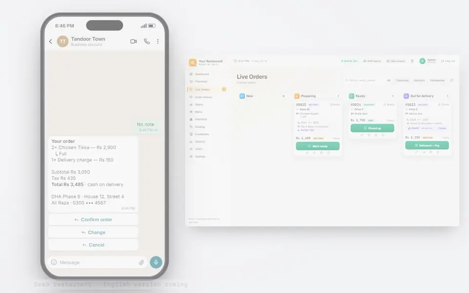 Animation: the customer taps Confirm order and the order appears in the New column of the Pixel & Oak POS Live Orders board, marked as a WhatsApp order