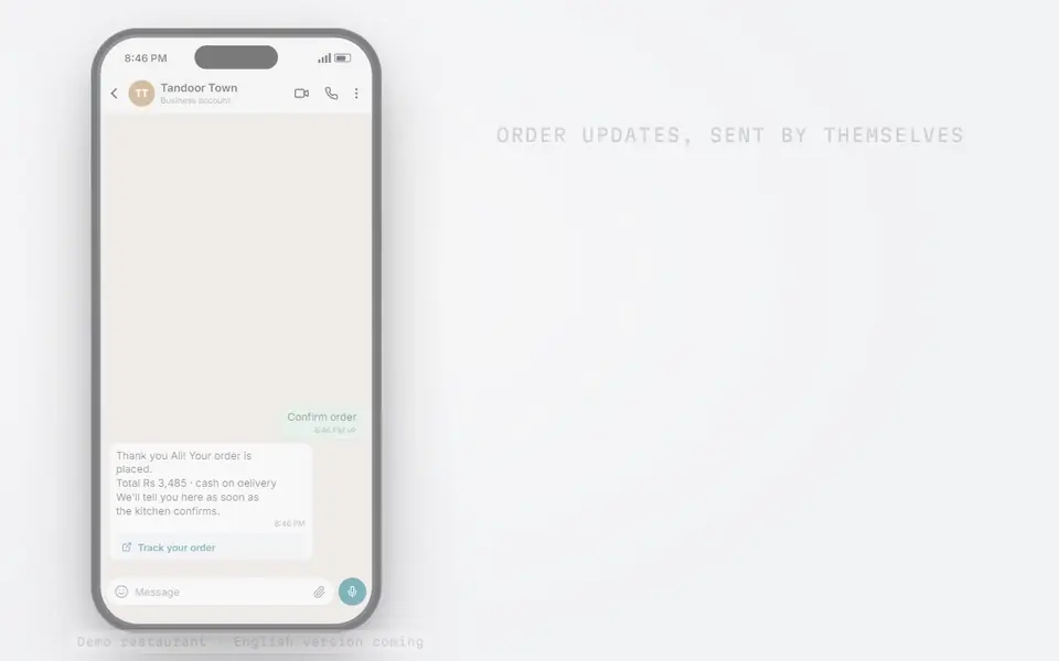 Animation: WhatsApp messages arrive by themselves: the kitchen got the order, it is out for delivery, it was delivered with a Google review link
